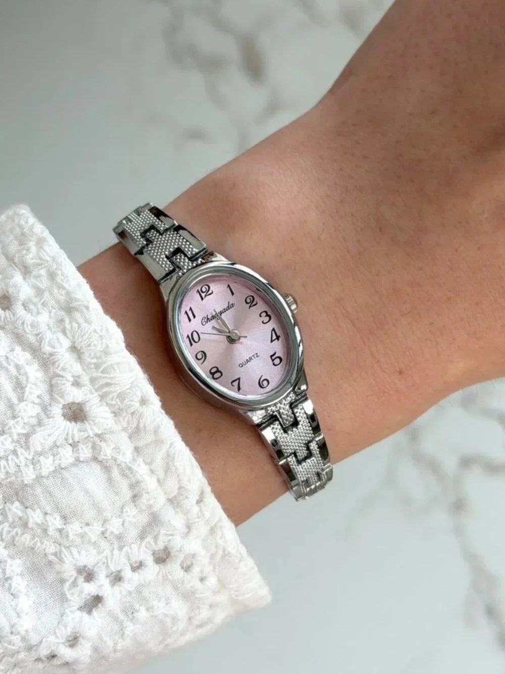 Sku0507‎ Retro Silver Pink dial Women Minimalist Watch Bracelet + gift bag